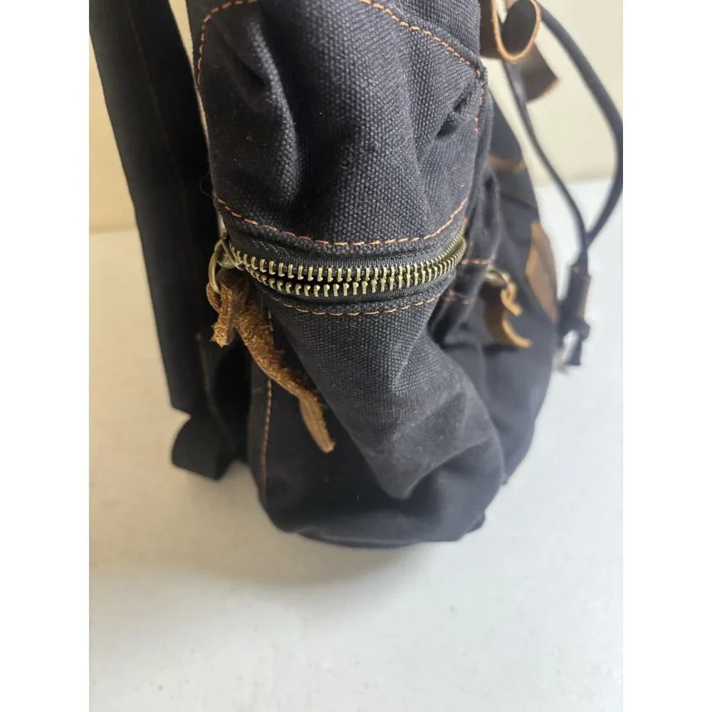 Augur Jans Canvas Hiking School Backpack Black/Brown Leather Straps Buckle Zip